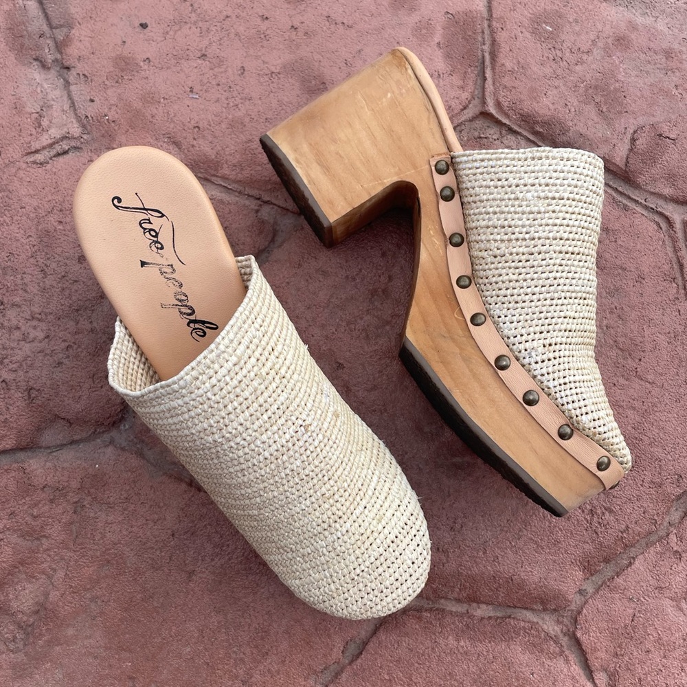 Free People Claudia Crochet Wooden Beige Platform Slip-on Clog